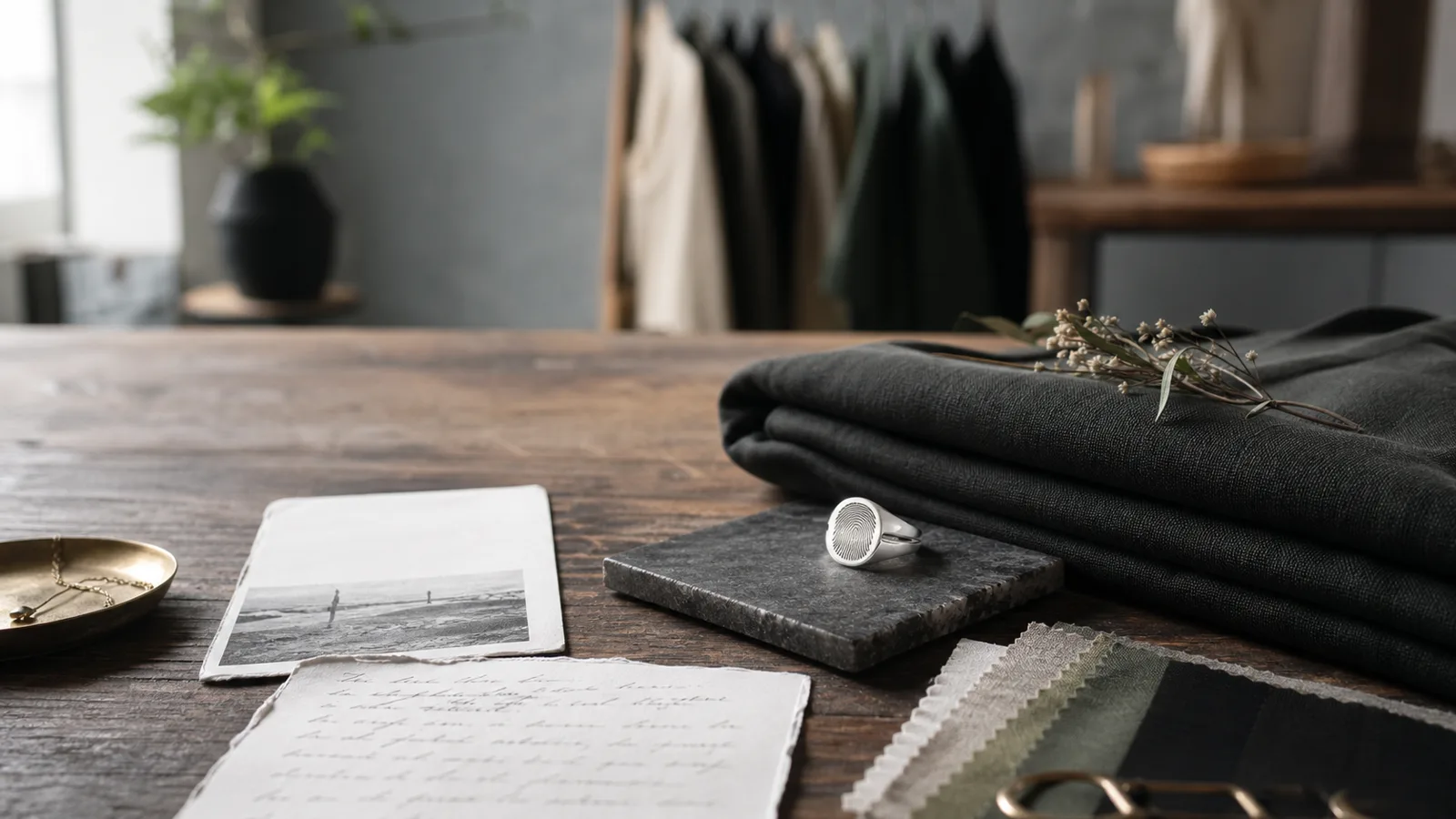 An ethical fashion tribute ring concept arranged with refined keepsake materials and gift notes